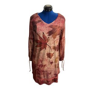 ONE WORLD Women’s Fall Leaf Dress Size Small Embroidered V Neckline Long Sleeve